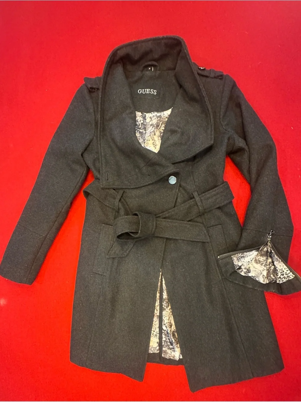 GUESS Womens Black Belted Wool-Blend Coat - Classic Double-Breasted Style Size M